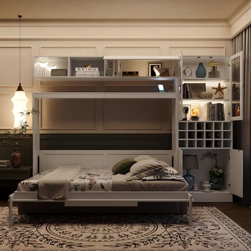 Queen Size Murphy Bed with Sofa, Shelves, USB & Light, Can be Folded Wall Bed and Tall Cabinet with Glass Doors& Wine Rack