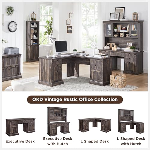 OKD 60" Executive Desk with Drawers, Farmhouse Home Office Desk with Charging Station, Keyboard Tray, File Cabinet Storage