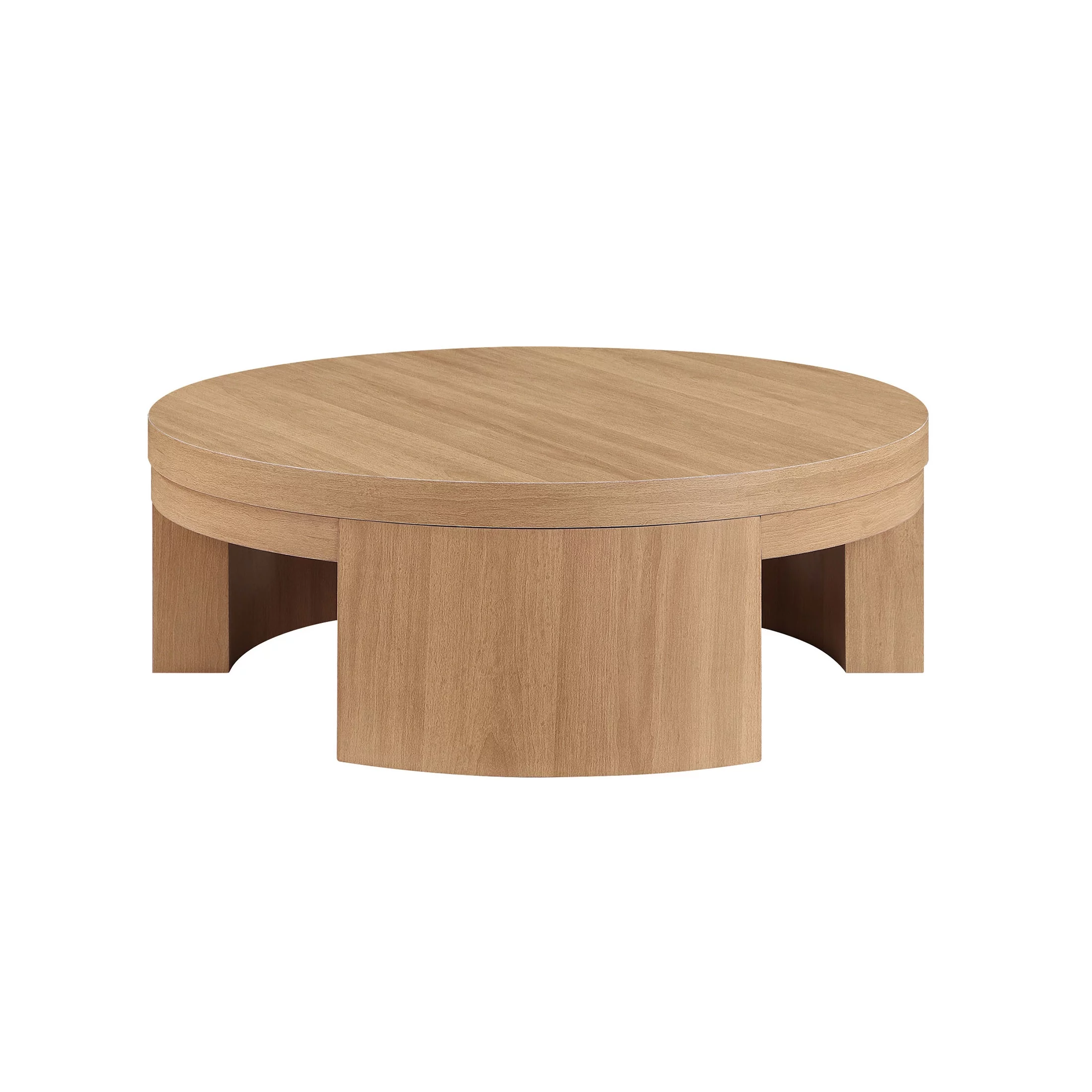 Beautiful Mod Round Coffee Table by Drew Barrymore, Warm Honey Finish - Radiant Selections