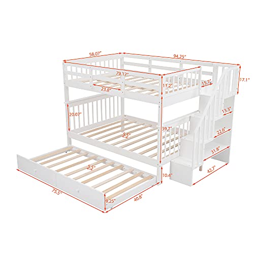 Harper & Bright Designs Twin Over Twin Bunk Bed with Stairs and Trundle, Solid Wood Stairway Bunk Bed Frame with Storage