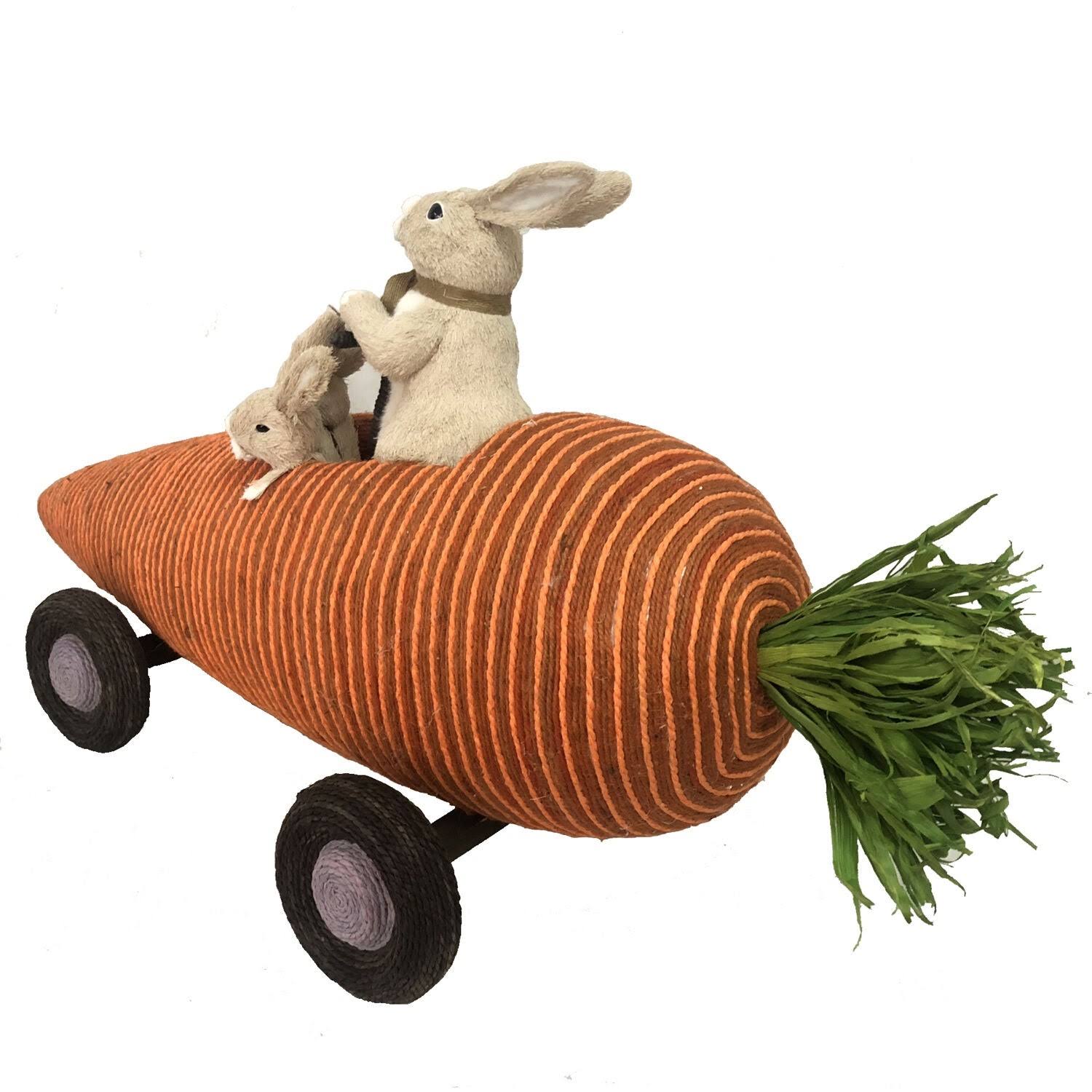 Fraser Hill Farm 29-In. Wide Sisal Carrot Car with Bunnies, Cute Easter Rabbit Figurine, Spring Decoration