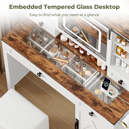 IRONCK Farmhouse Vanity Desk with Sliding Mirror & Lights, Glass Top Makeup Vanity Table with Power Outlet, 3 Color Lighting Modes