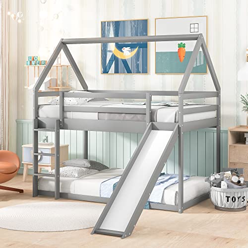 Kids Twin Over Twin Bunk Beds with Slide and Trundle, Solid Wood Bunk Bed Frame with Stairs and Storage