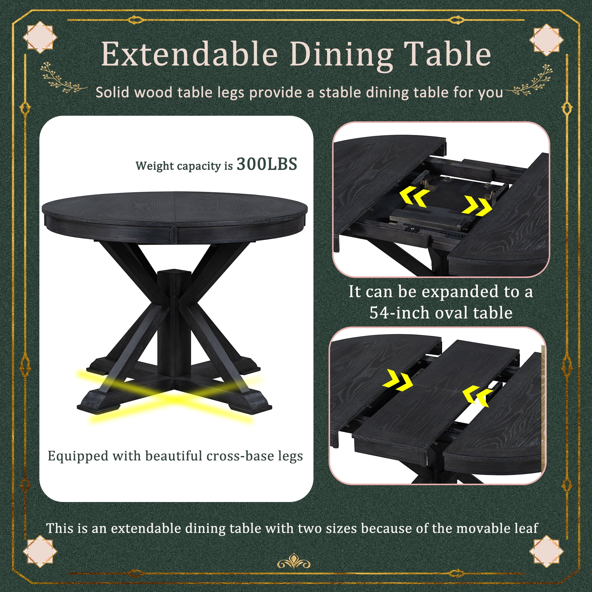 Prehome Functional Furniture Retro Style Dining Table Set with Extendable Table and 4 Upholstered Chairs for Dining Room and Living Room(Espresso)