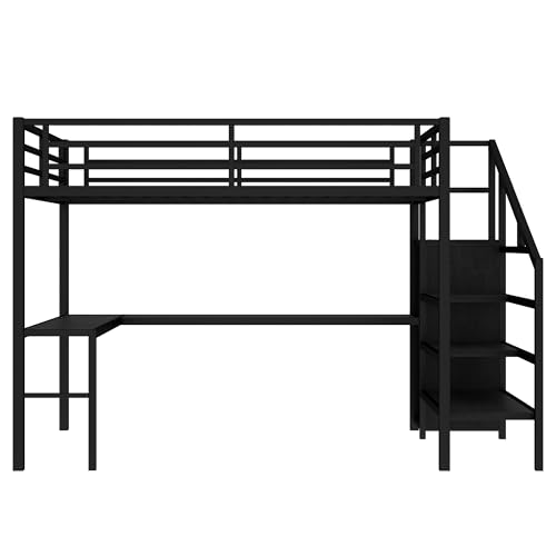 SOFTSEA Queen Size Loft Bed with LED Lights & USB Ports, Heavy Duty Metal Loft Bed with L Shaped Desk & Storage Stairs