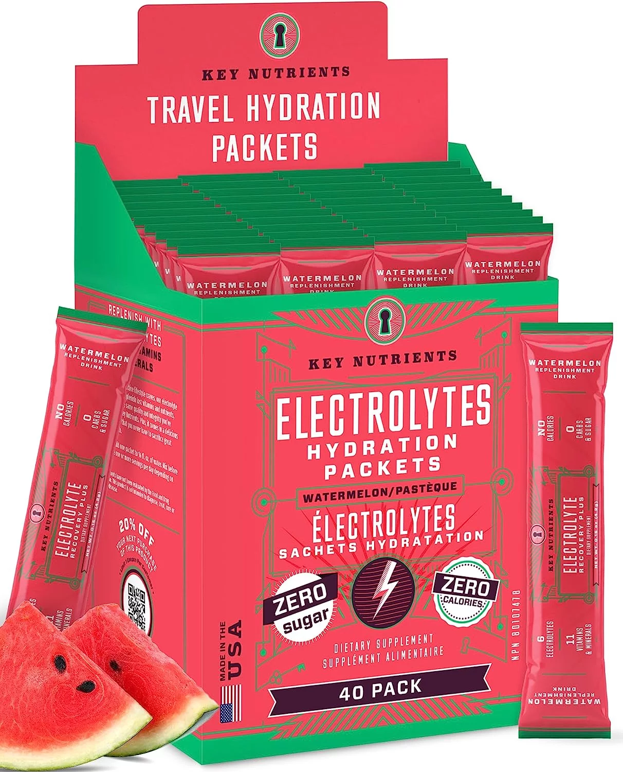 KEY NUTRIENTS Electrolytes Powder Packets - Refreshing Watermelon 40 Pack Hydration Packets - Travel Hydration Powder - No Sugar, No Calories