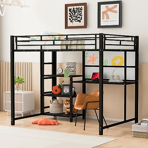 Merax Full Size Mental Loft Bed Frame with Desk and Whiteboard,3 Shelves and Ladder for Bedroom for Boys Girls Adult,Black
