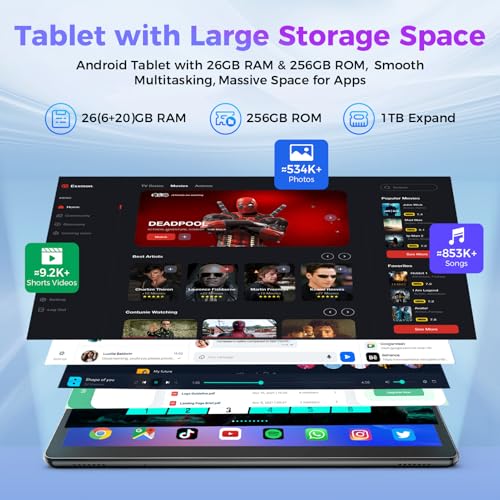 Android Tablet with Keyboard, 26GB RAM, 256GB ROM(1TB Expand), 10.1 inch Android 14 Tablet, 8000mAh Battery, BT 5.0, GMS Certified, 2.4G&5G WiFi