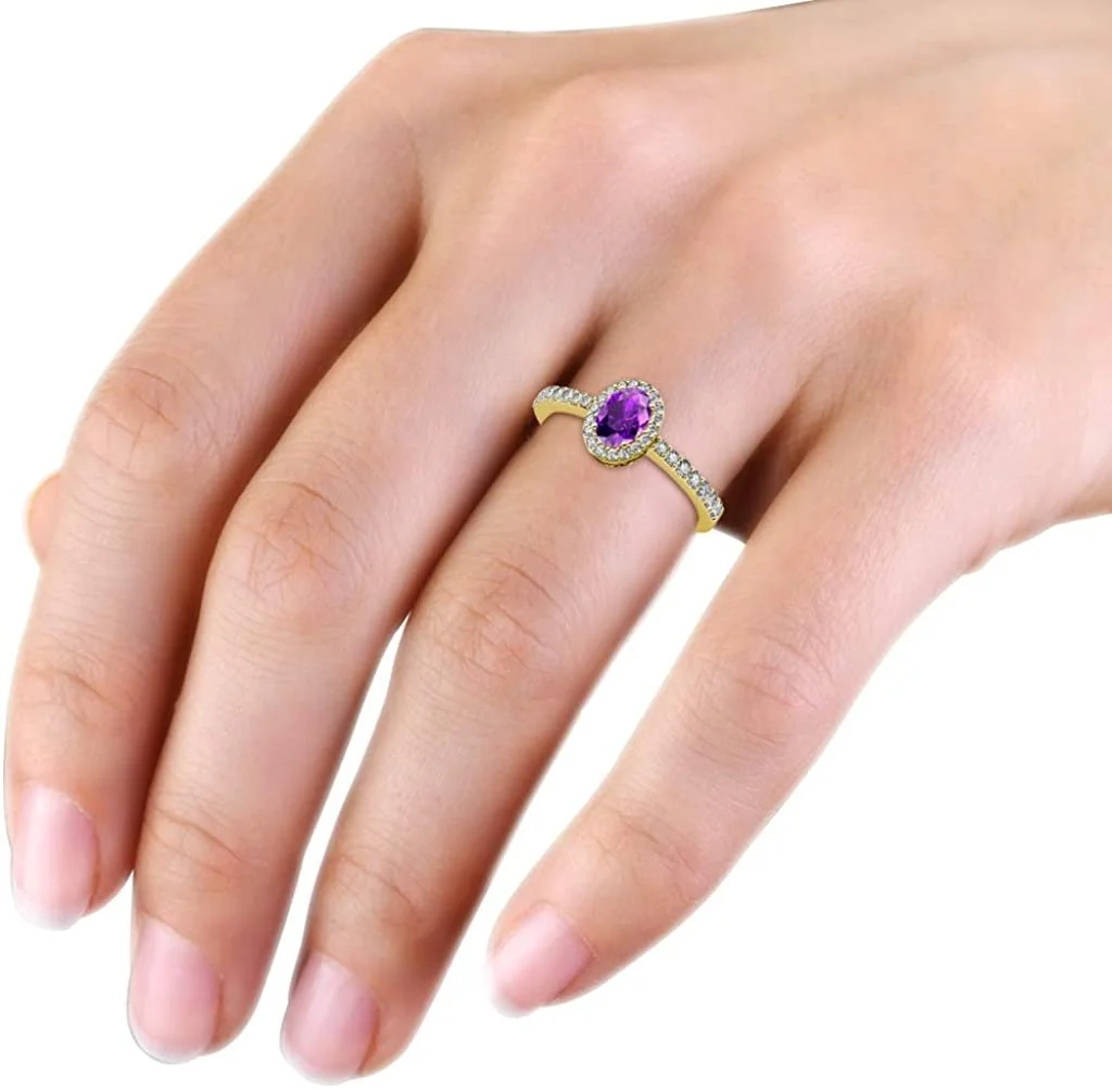 Oval Amethyst & Natural Diamond 8x6 mm Halo Engagement Ring 1.73 Carat tw 14K Yellow Gold.size 8.5