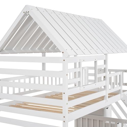 MERITLINE House Bunk Beds Twin Over Twin with Slide, Twin Bunk Bed with Storage Stairs and Trundle