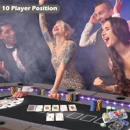 LED Poker Table, 10 Player Foldable Texas Holdem Table w/Inlaid LED Light, 2 USB & 2 Type-c Ports