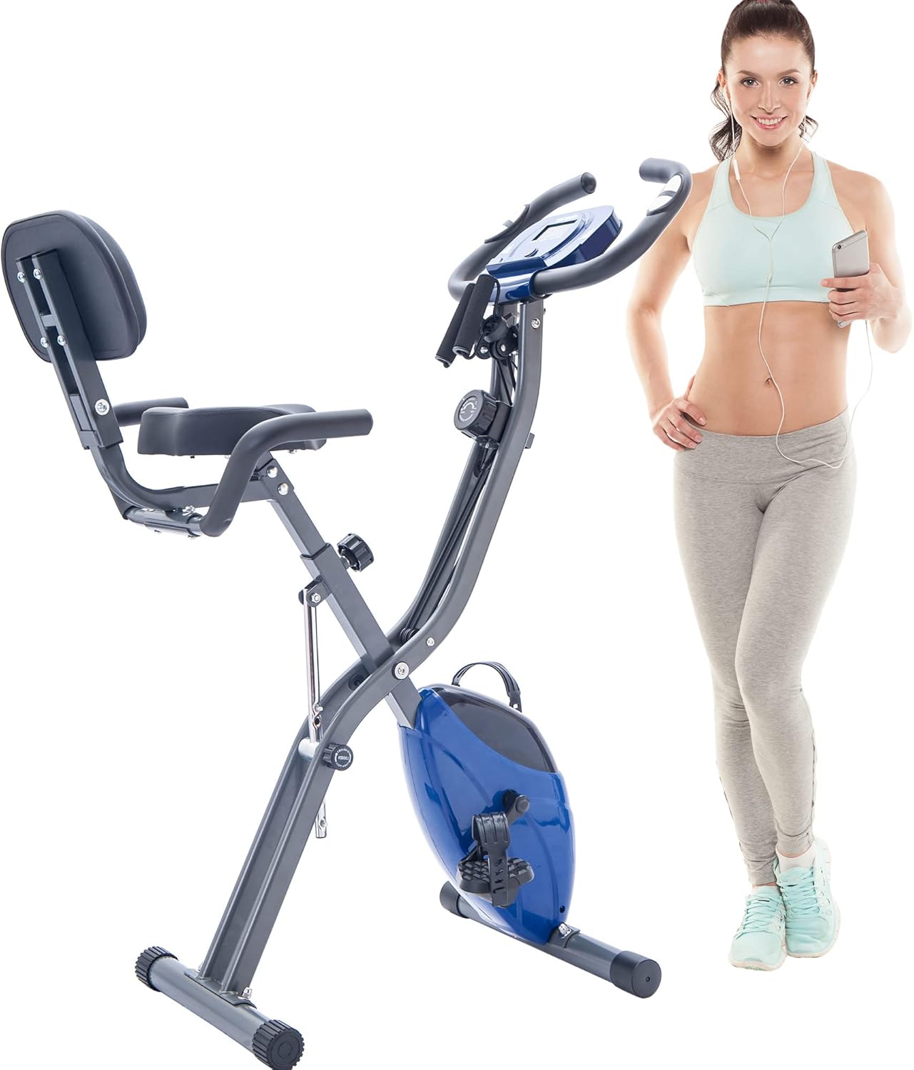 Folding Exercise Bike, Fitness Upright and Recumbent X-Bike with 10-Level Adjustable Resistance, Arm Bands and Backrest