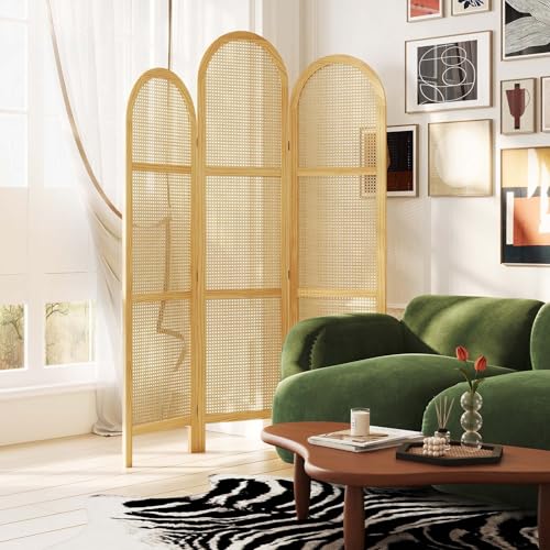 Room Divider and Folding Privacy Screens, Pine Wood 5.6 Ft Double Hinged Rattan Partition Freestanding Wall Room Divider for Home - 3 Panels