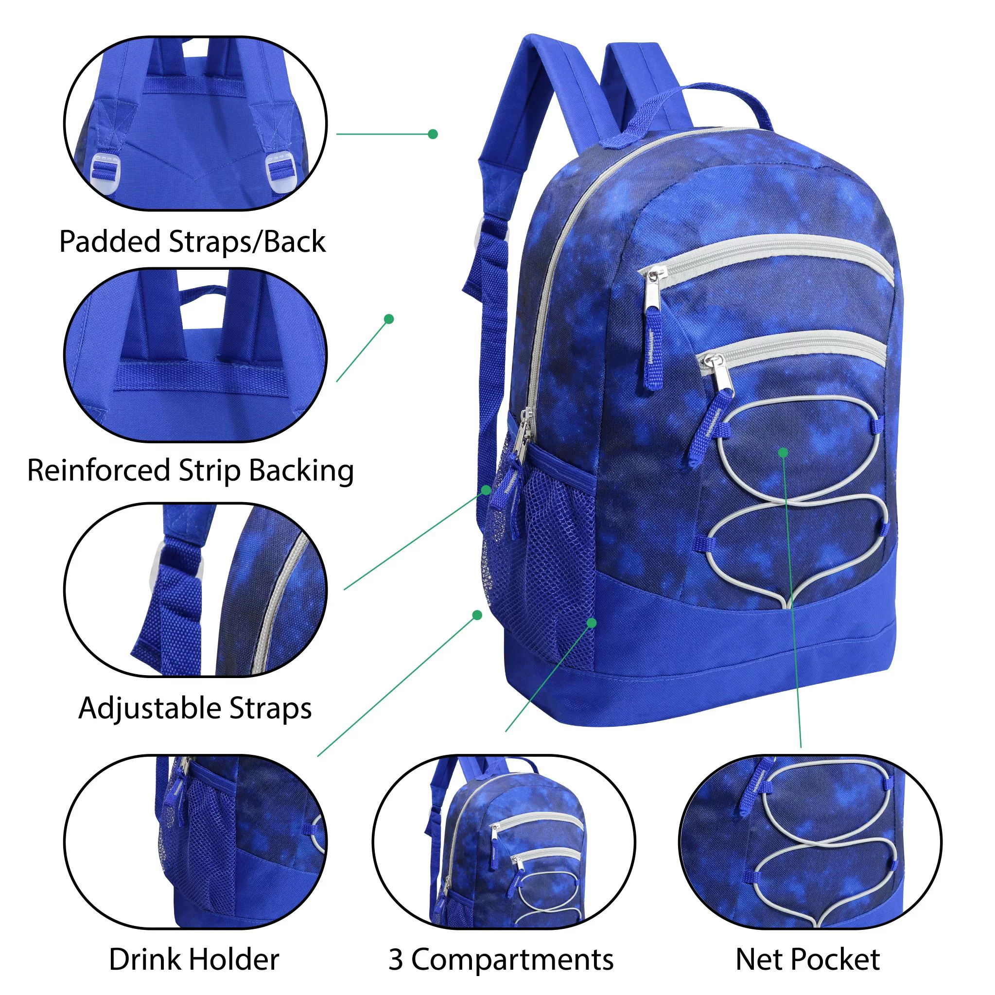 24 Pack - 17 Inch Classic Wholesale Bungee Backpacks in Assorted Colors - Bulk Case of Bookbags