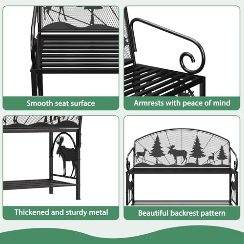 Outdoor Bench, Garden Bench with Backrest and Armrests, Patio Bench with Forest Series Pattern, Anti- Rust Thickened Metal Bench Outdoor for Garden