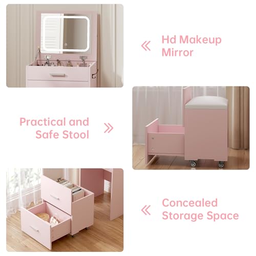 Compact Vanity with 3 Drawers, 3 in 1 Vanity Desk, Makeup Desk with Flip-up 3 Colors Lighting Mirror and Cushioned Stool