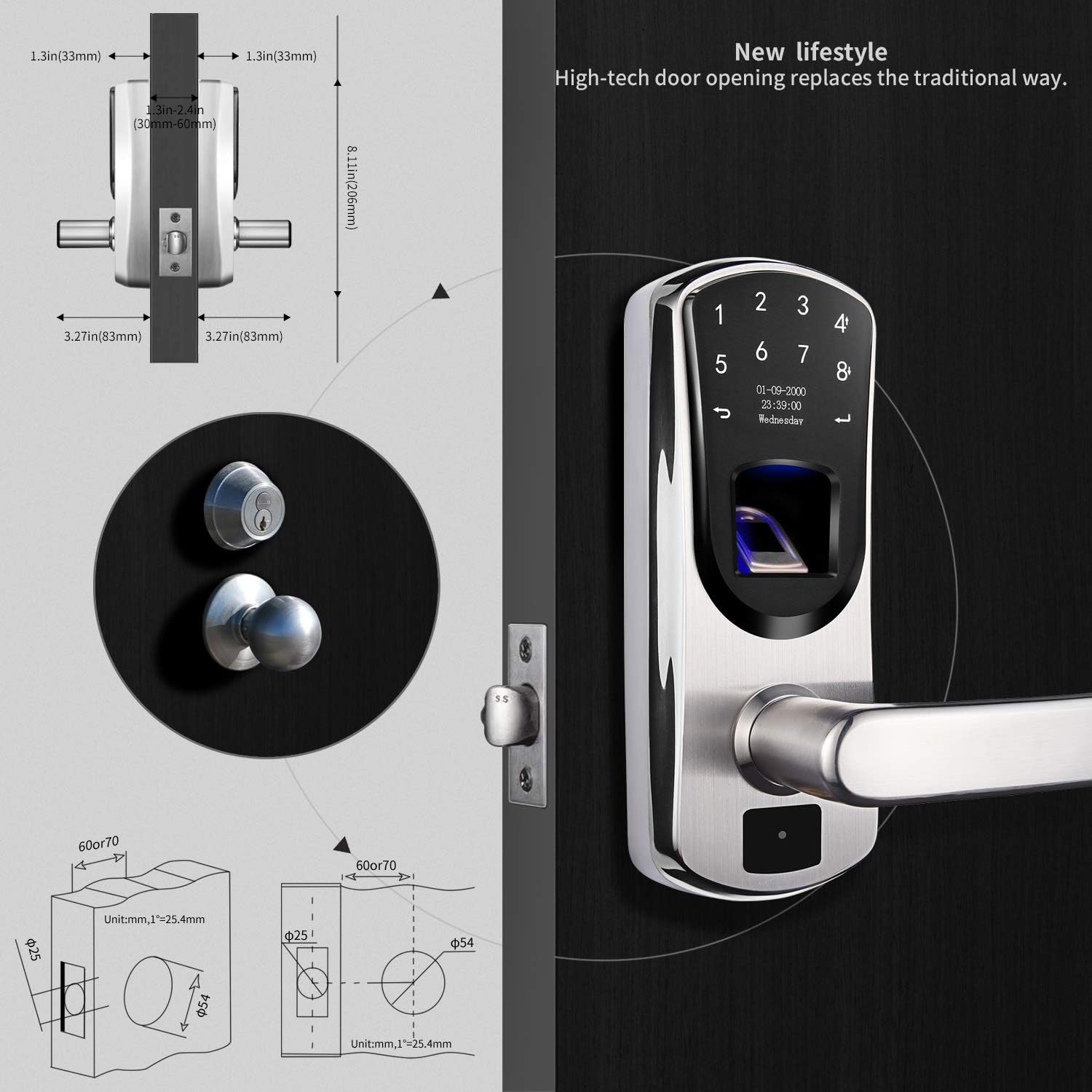 WeJupit V8 Fingerprint Keyless Entry Smart Door Lock Stainless Steel Touchscreen with Electronic Keypads, Spare Key, Two-Factor Authentication