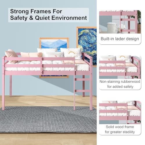 Low Loft Bed Twin Size, Kids Solid Wood Modern Loft Bed Frame with Ladder and Safety Guardrail for Girls Boys, Noise-Free,Non-Toxic Finishes