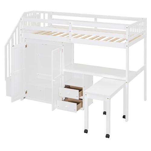 Harper & Bright Designs Twin Size Loft Bed with Stairs and Bookshelf, Wood Twin Storage Bed with Desk & Wardrobe