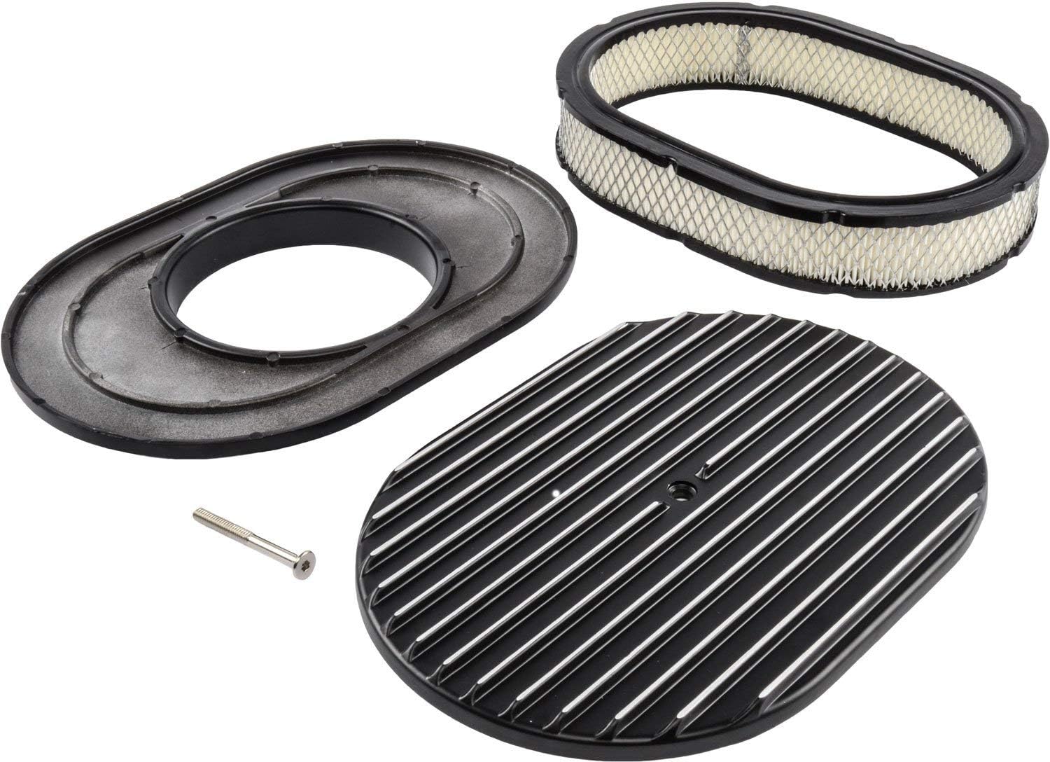 JEGS Finned Aluminum Air Cleaner | Oval 12” x 8 3/8 “ x 3” | Black Cast Aluminum Top | Fits 5 1/8 “ Diameter Neck