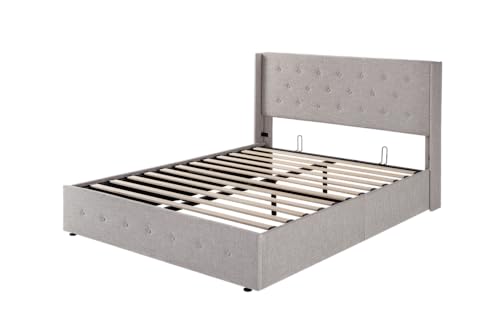 Allewie Full Size Lift Up Storage Bed, Modern Wingback Headboard, Hydraulic Support, No Box Spring Needed, Light Beige