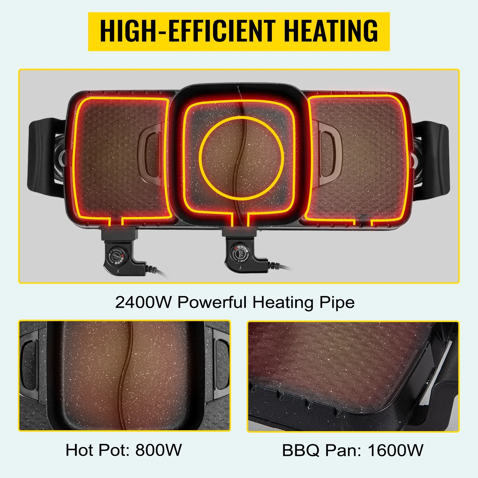 2in1 Electric BBQ Pan Grill Hot Pot 2400W Multifunction Home Portable Smokeless Nonstick Detachable Hot Pot Barbecue Plate