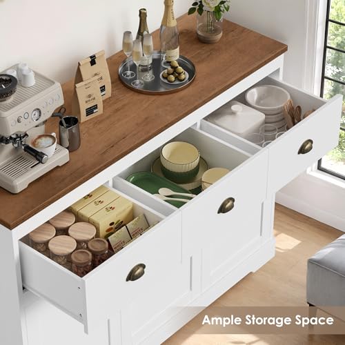 Keyluv White Buffet Cabinet Storage Sideboard Farmhouse Server Bar Wine Cabinet with 3 Drawers & 3 Doors Adjustable Shelves Console Table for Dining