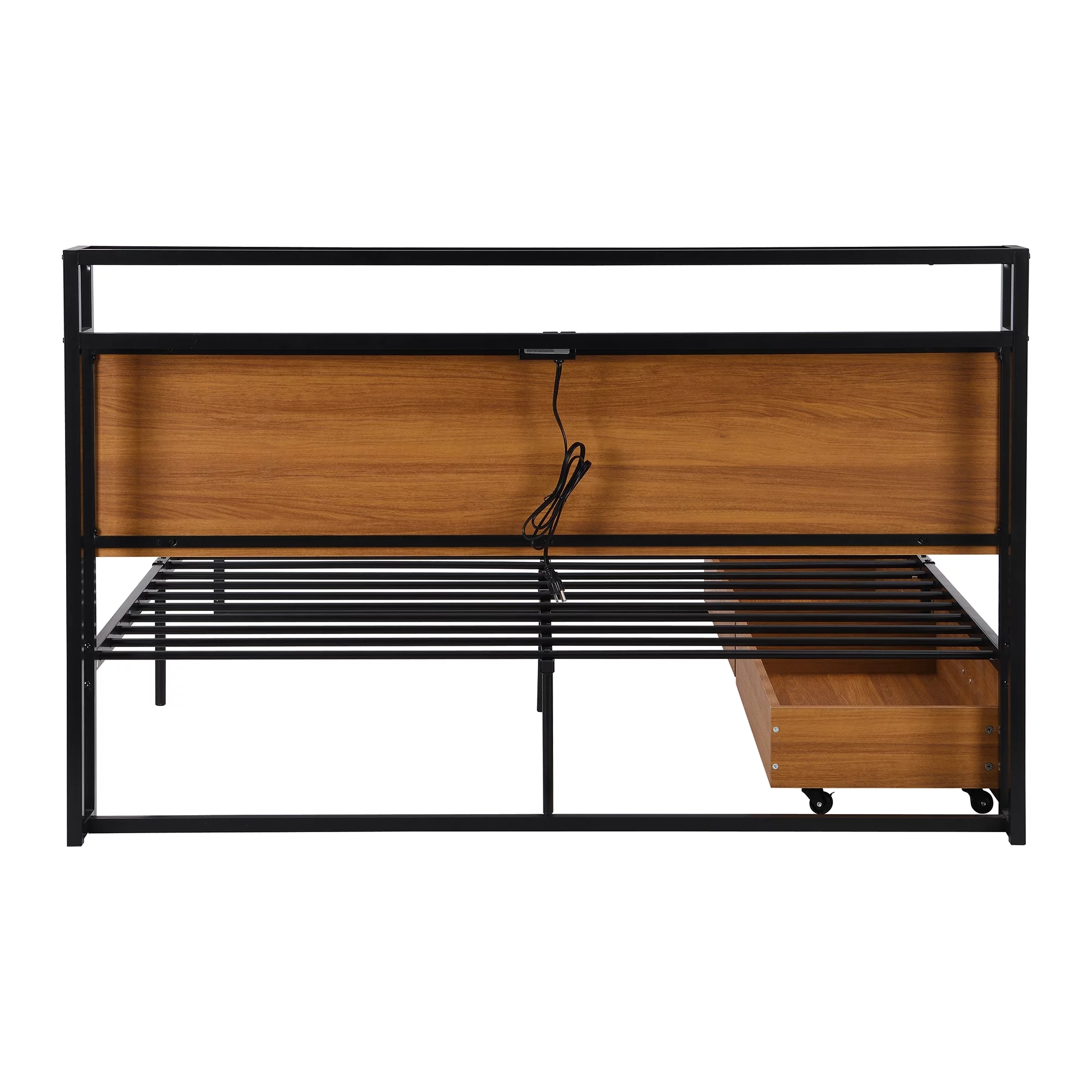 BTMWAY Metal Queen Bed Frame, Queen Size Platform Bed Frames with Wood Headboard, 2 Drawers, Sockets and USB Ports for Bedroom, No Box Spring Needed
