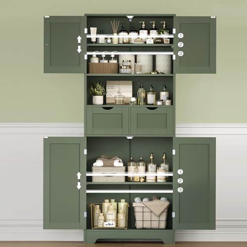 57.8“H Tall Bathroom Cabinet, Storage Cabinet with 2 Drawers & 2 Adjustable Shelves, Bathroom Storage Cabinet with 4 Doors