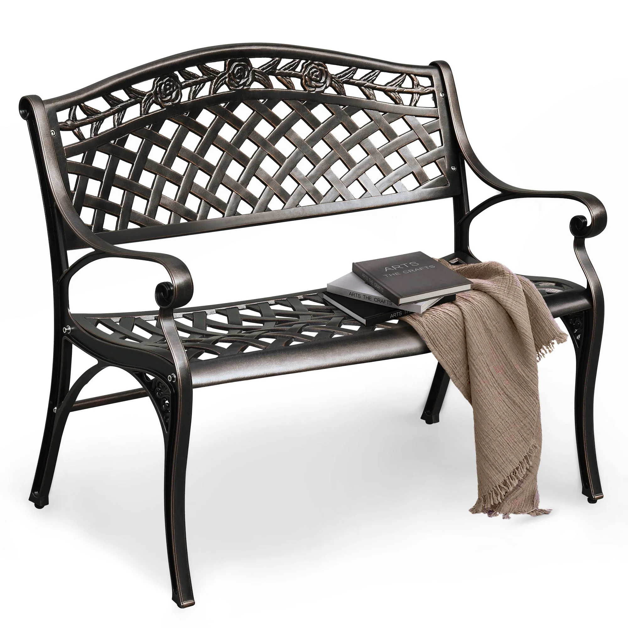 DWVO 39.4" Patio Garden Bench, Anti- Rust Cast Iron Cast Aluminum Frame for Outdoor Garden, Balcony, Backyard, Entryway, Hammered Bronze
