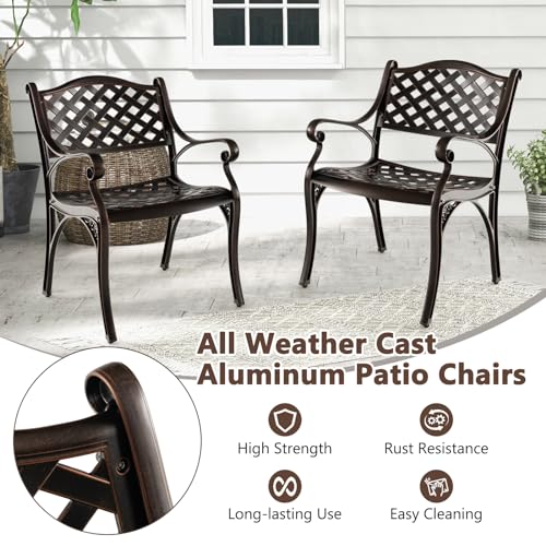 Giantex Cast Aluminum Patio Chairs Set of 2, All Weather Outdoor Dining Chairs w/Armrests and Curved Seats, Heavy Duty Metal Bistro Chairs for Porch