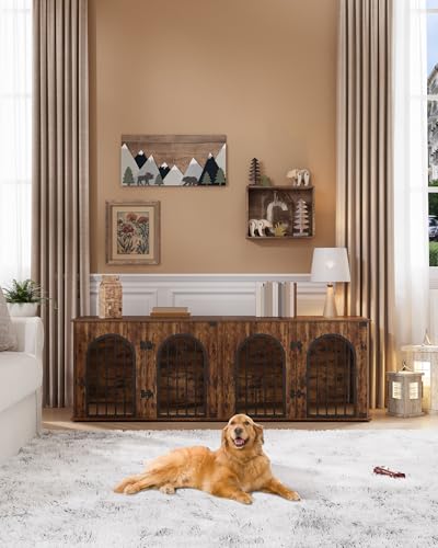 71" Dog Crate Furniture for 2 Dogs, Heavy Duty Indoor Dog Kennel TV Stand, XXL Wooden Dog Cage with Divider for Medium Large Dogs
