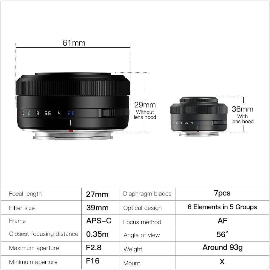 TTARTISAN AF 27mm f2.8 APS-C Frame Lens Ultra-Compact Pancake Lens for Fuji X Mount Cameras for Fujifilm XS10 X-E4 X-T10 X-T20 X-T3 X-T4 X-T100