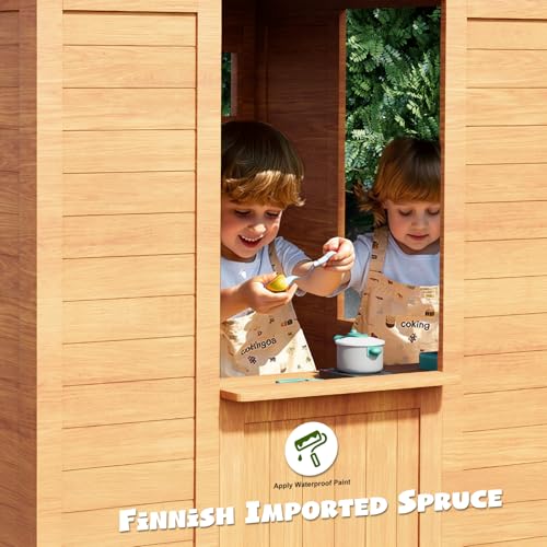 All Spruce Outdoor Kids Playhouse, Toddler Playhouse Wooden Playhouse for Kids Ages 3-10, with Sink, Stove, Flower Pot Holders, Phone
