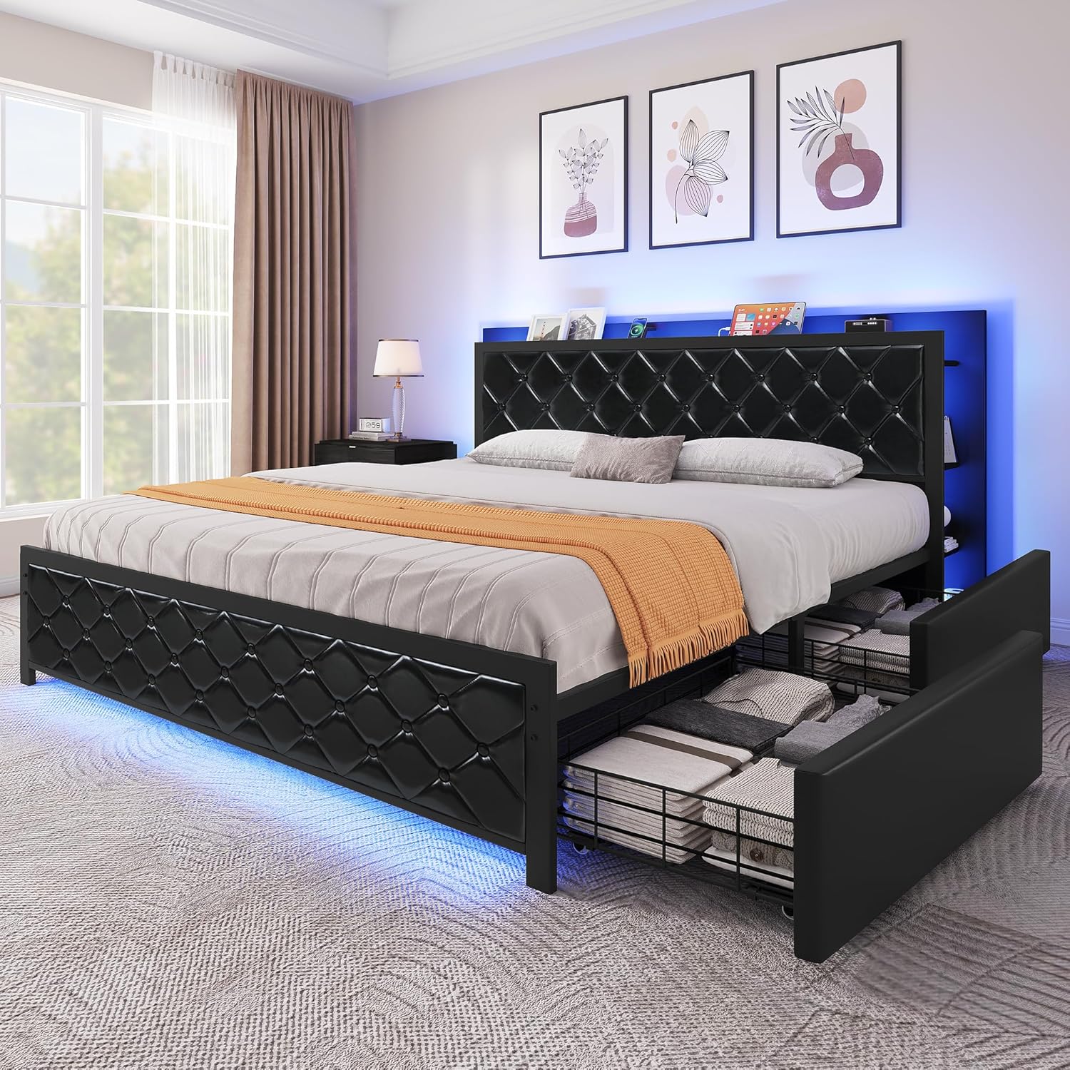 YITAHOME Queen Bed Frame with Headboard & 4 Storage Drawers, Modern Upholstered Faux Leather Platform Bed with RGB LED Lights & USB-C Charging Ports