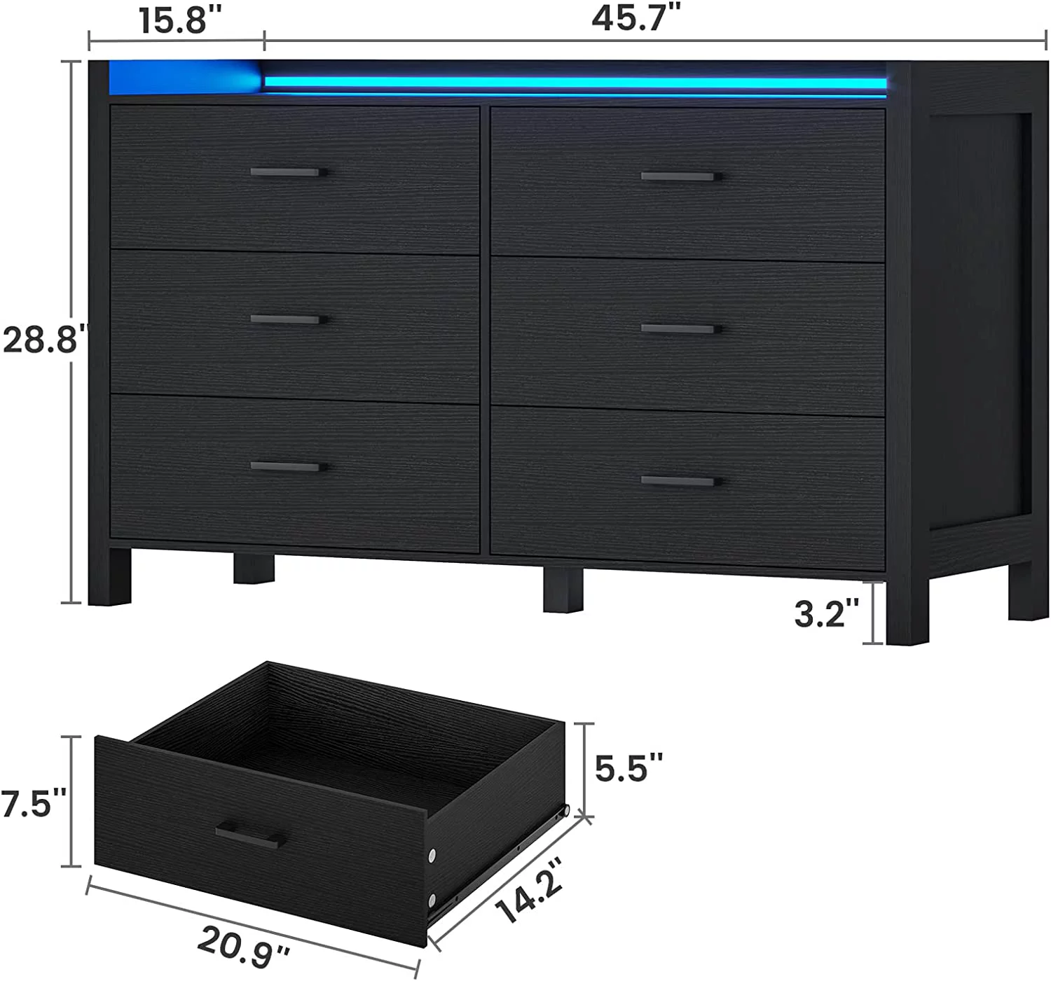 Black Dresser for Bedroom, 6 Drawer Double Dresser with LED Lights, Wood Chest of Drawers, Modern Storage Dresser for Bedroom