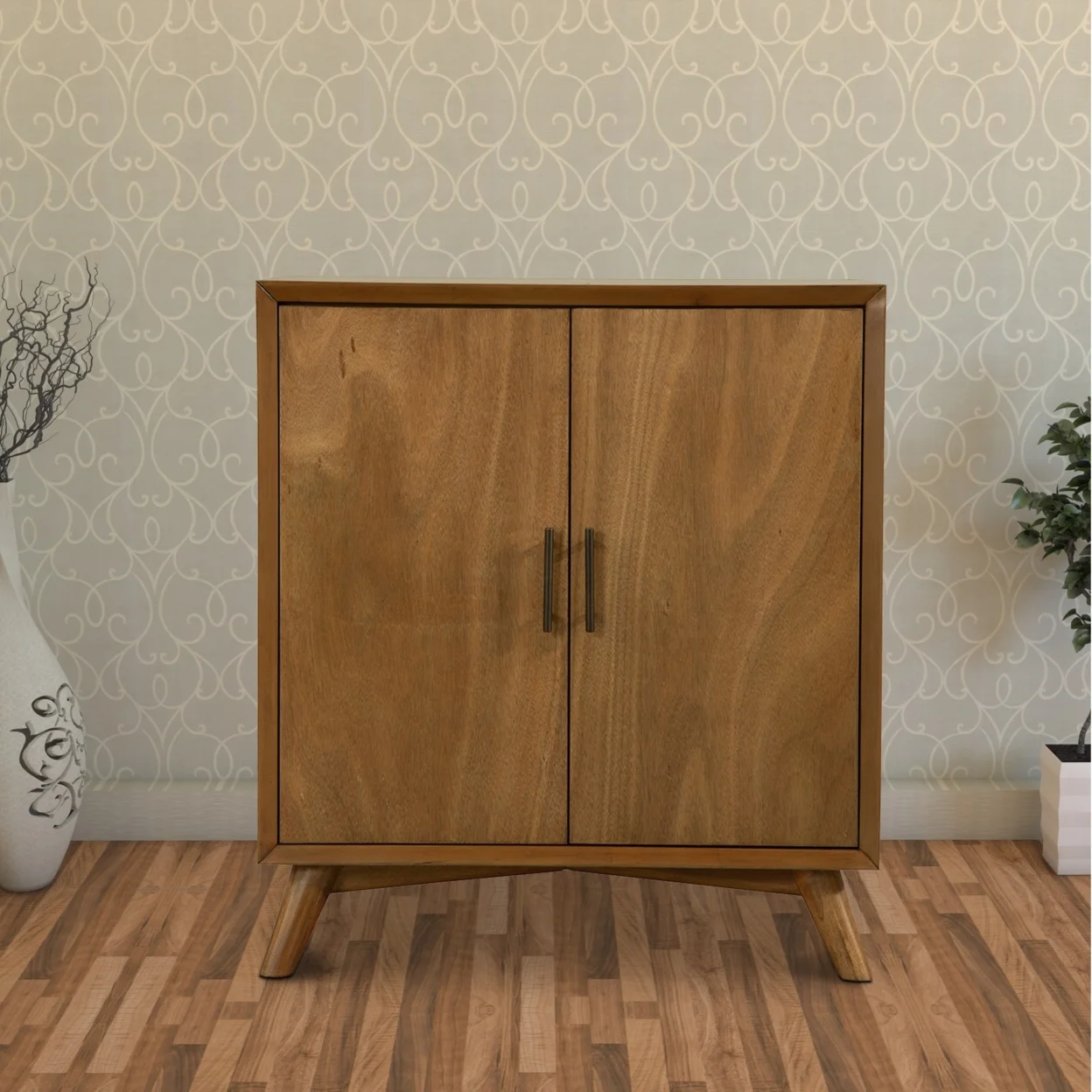 Wooden Small Bar Cabinet with Two Doors and Splayed Legs Brown- Saltoro Sherpi