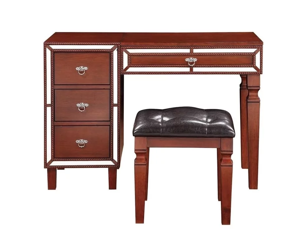 CoSoTower Traditional Formal Cherry Color Vanity Set W Stool Storage Drawers 1PC Bedroom Furniture Set Tufted Seat Stool