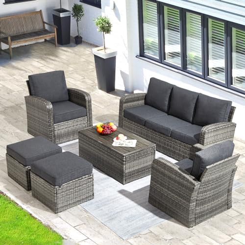 6 Pieces Patio Furniture Sets w/Cushions and Coffee Table, All Weather Wicker Outdoor Patio Conversation Sets w/Comfy Armrest