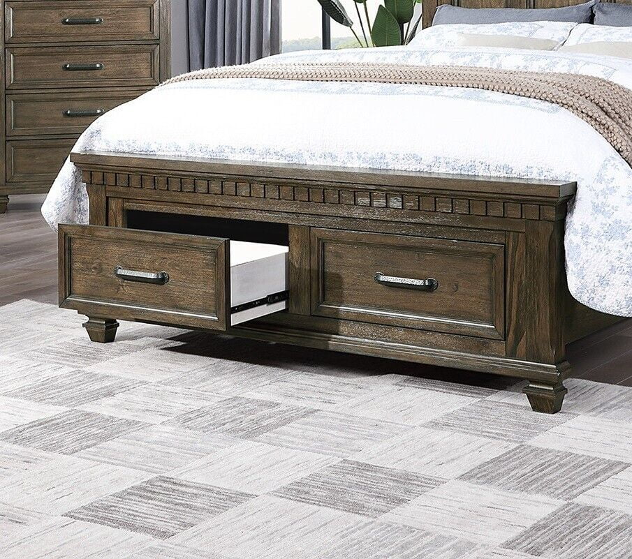Traditional Unique Design Queen Size Bed 1pc Bedframe High Fabric Headboard Storage Drawers Footboard Antique Brown Finish