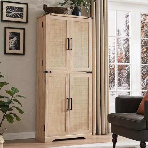 72" Tall Kitchen Pantry, Farmhouse Storage Cabinet with Barn Doors, Organizer, Drawer and Adjustable Shelves, Rustic Wood Cupboard for Kitchen