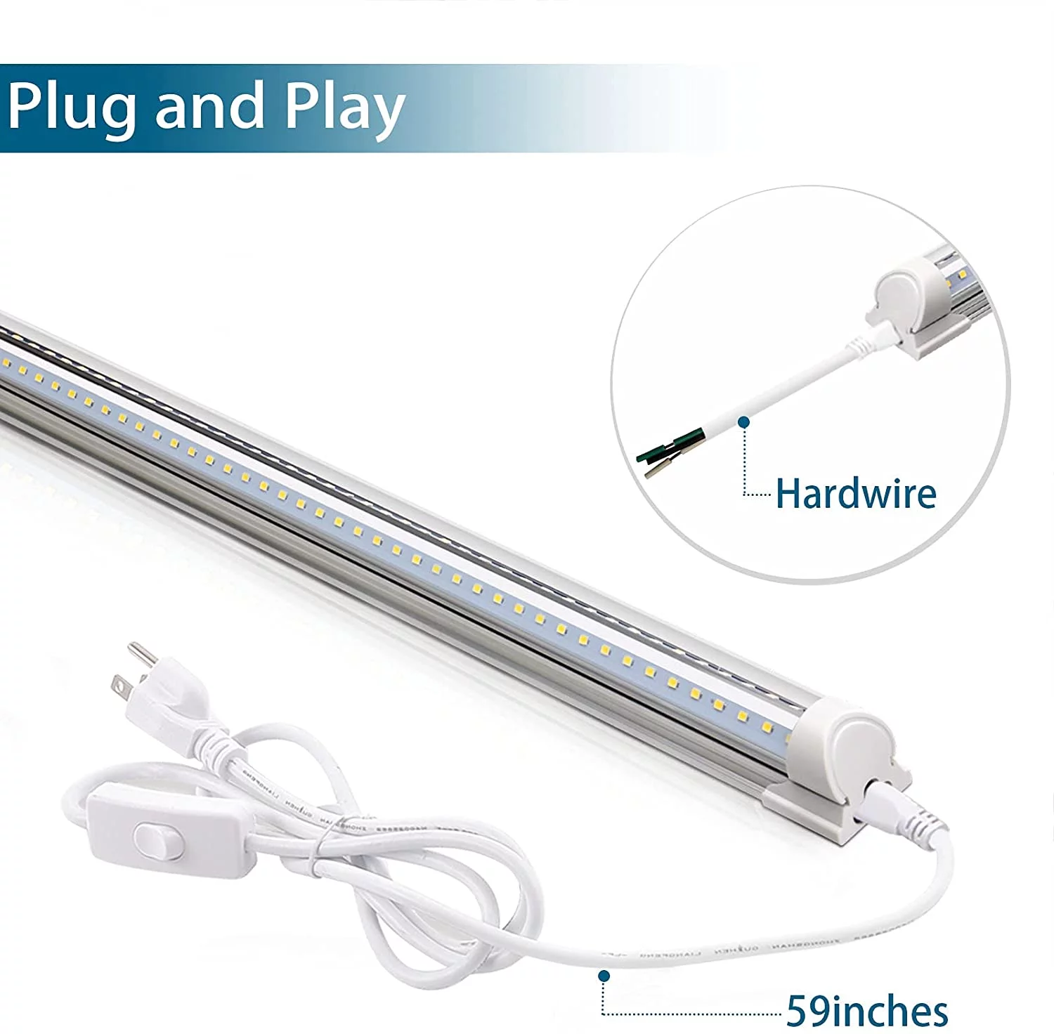 WAGEE 8FT LED Shop Light, 72W 9000LM 5000K, Daylight White, V Shape, Clear Cover, T8 Linkable Shop Lights, LED Tube Lights with Plug, 4 Packs