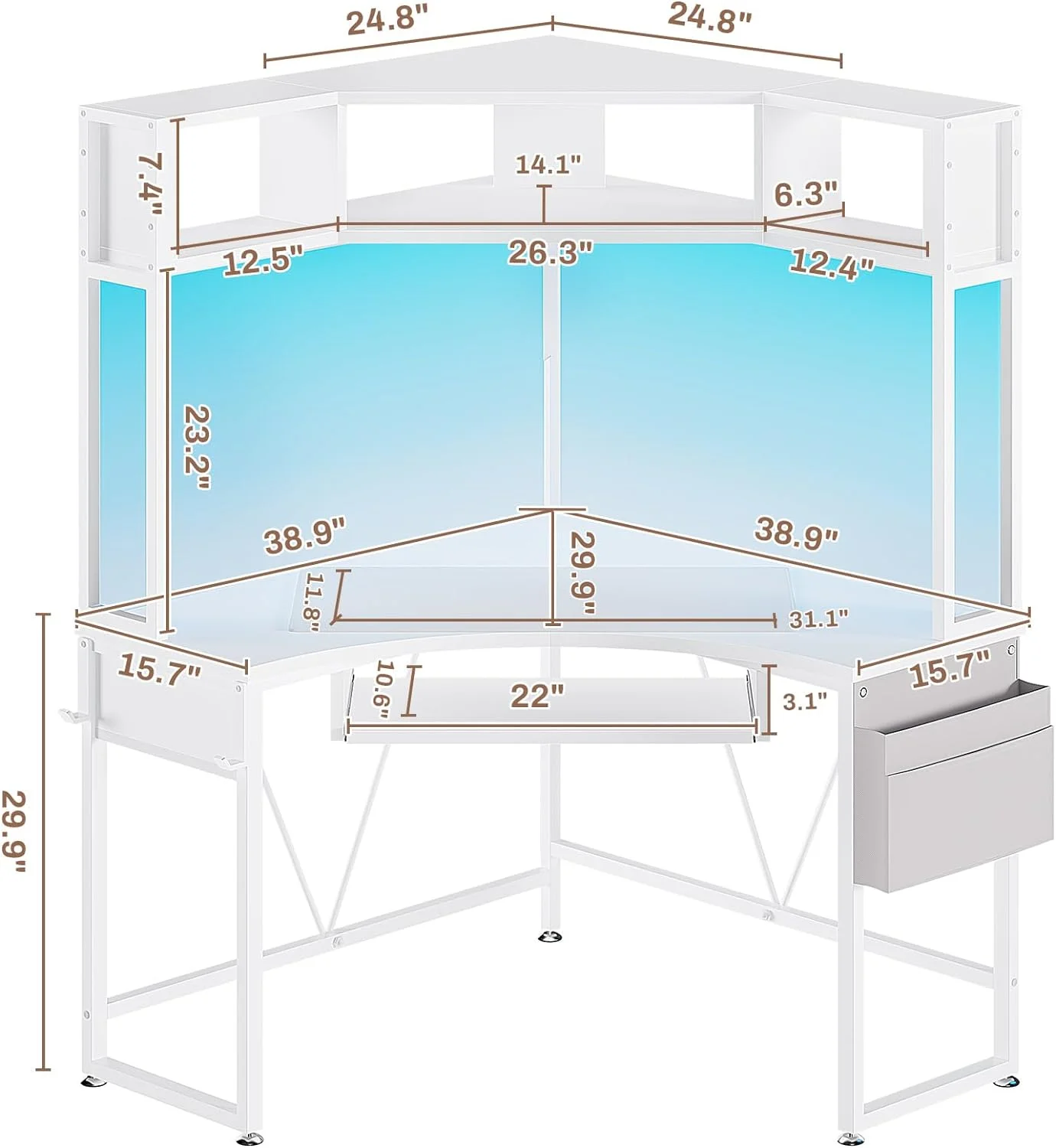 Corner Desk, Small Computer Desk with Hutch & LED Lights, Triangle Corner Computer Desk with Keyboard Tray, Storage Bag