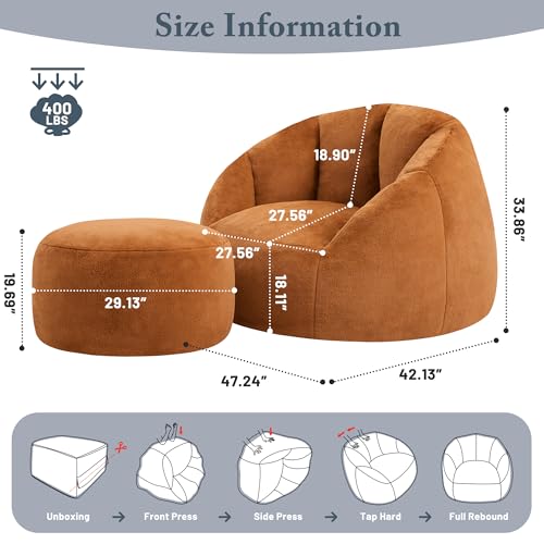Giant Bean Bag Chair for Adults - Comfy Plush Round Shell Soft Accent Chair, Oversized Cozy Lounge Floor Sofa Reading Chair