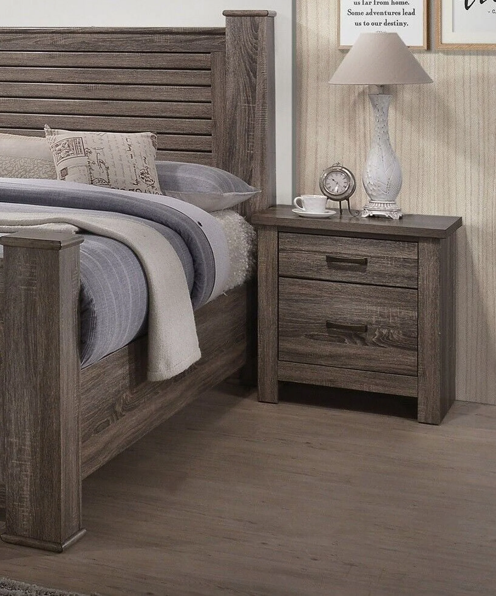 3pc Bedroom Furniture Set Natural Finish Eastern King Size Bed 2x Nightstands Transitional Style Functional Unique Bed