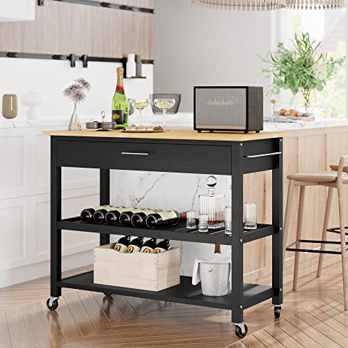 Shintenchi Rolling Kitchen Island Cart with Folding Drop Leaf Breakfast Bar, Portable Trolley Island with Large Storage Cabinet, Shelf and Drawer