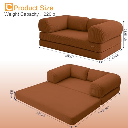COMAX Folding Sofa Bed, Convertible Chair Bed Corduroy 3-in-1 Foldable Floor Couch with High-Density Foam, Futon Sofa Sleeper Mattress