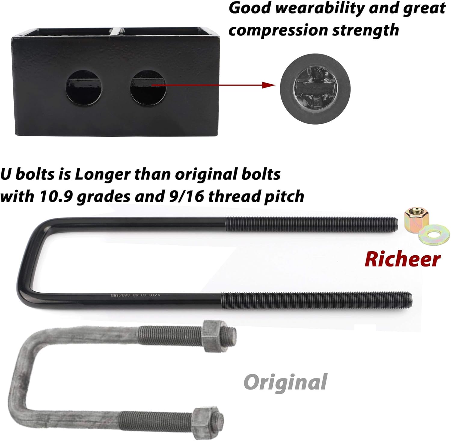 3" Rear Leveling Lift Block Kits Extended Square U-Bolts Compatible with 2004-2019 F150 2WD 4WD Pickup Pack of 2