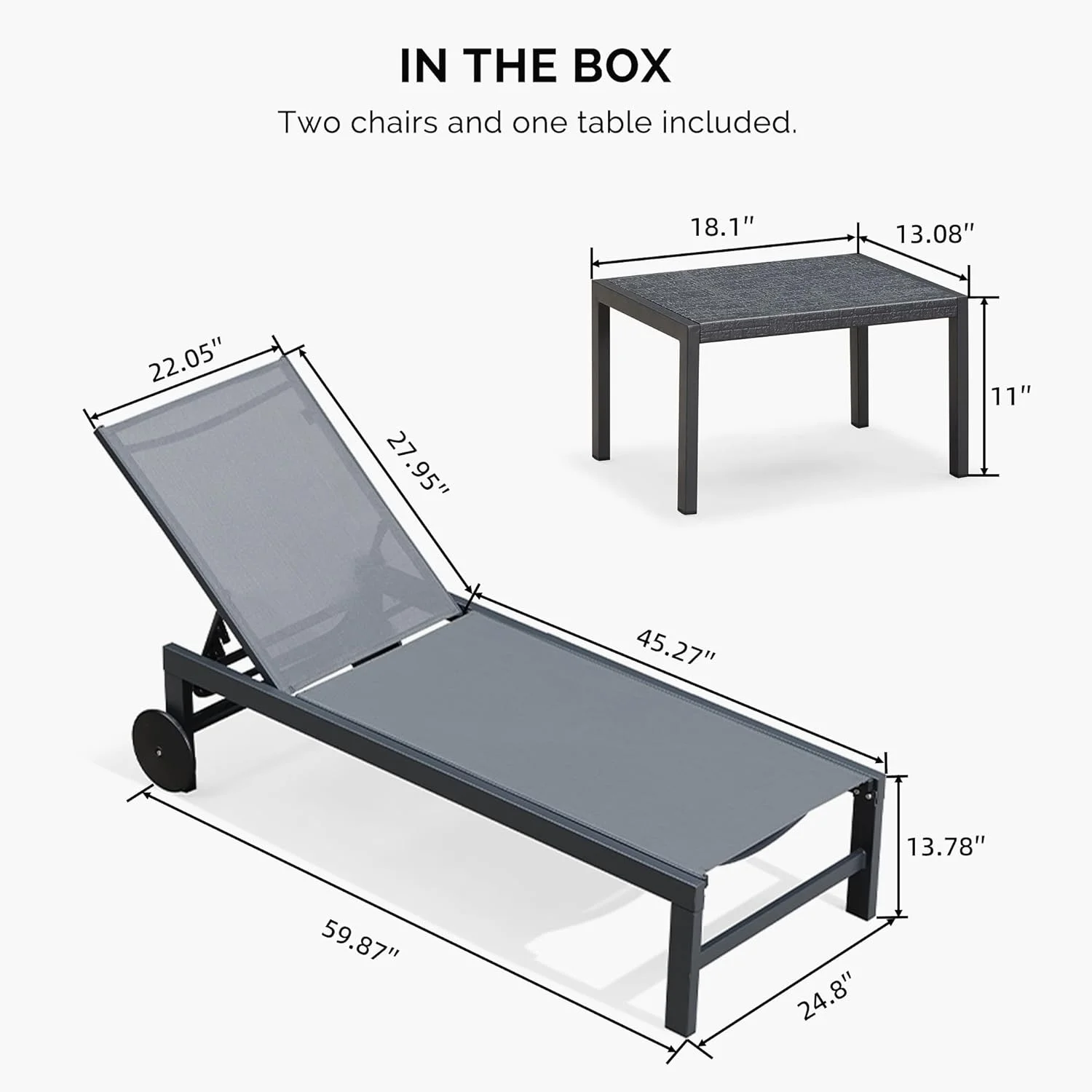 PURPLE LEAF Outdoor Chaise Lounge with Wheels for Outside 2 Pieces Aluminum Patio Lounge Chair with 5 Adjustable Position for Outdoor, Beach, Yard