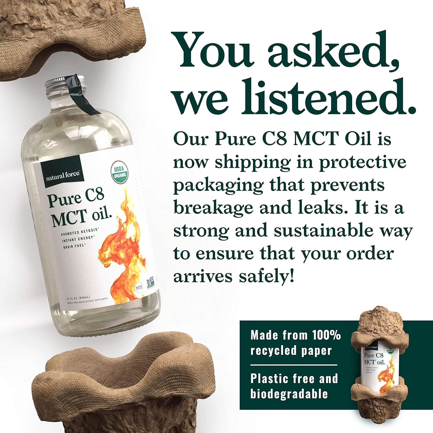 Natural Force Organic Pure C8 MCT Oil – Liquid MCT Oil in Glass Bottle Container – Concentrated Caprylic Acid – Keto, Paleo, Kosher